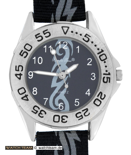 Kinderuhr Armbanduhr Leder PU Jeans Textil Optik Schwarz Tribal