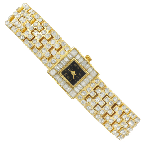 GOLDENE STRASS DAMENUHR METALLIC ZIFFERBLATT SCHWARZ
